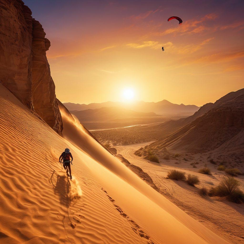 A dynamic scene showcasing athletes in action within a breathtaking desert landscape, featuring a sand dune backdrop, a rock climber scaling vertical cliffs, and a group of runners kicking up dust on a sunlit trail. Include elements of extreme sports, such as a mountain biker performing a stunt and a paragliding silhouette against a vibrant sunset. The atmosphere should evoke energy, adventure, and the beauty of nature. super-realistic. vibrant colors. stunning sunset background.