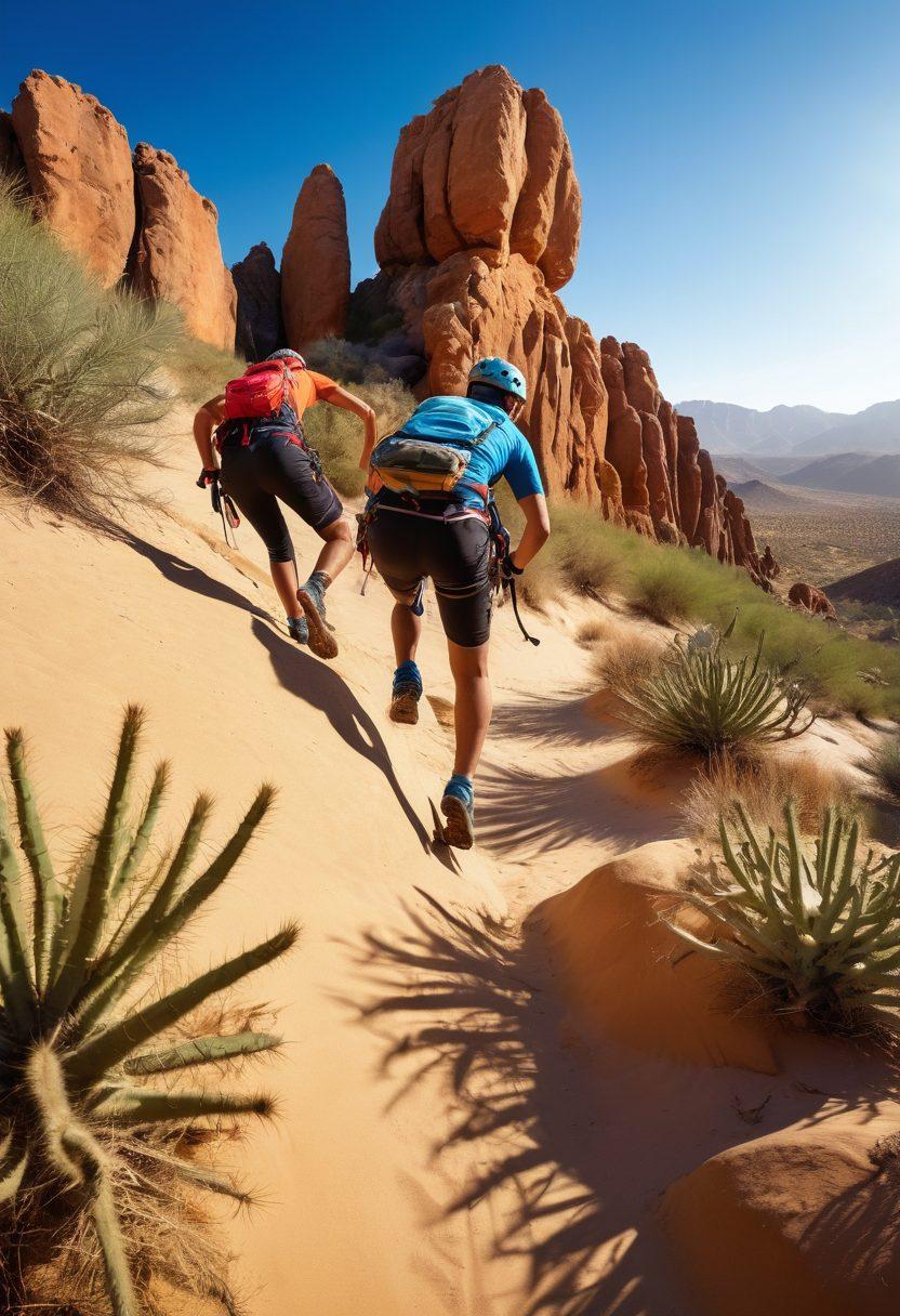 A dynamic scene of diverse athletes engaging in various outdoor sports like rock climbing, trail running, and mountain biking in a vibrant desert landscape. Incorporate tall cactus, vibrant sandy dunes, and a clear blue sky. Highlight the camaraderie among athletes through their interactions. Showcase energy and enthusiasm with bright colors and dynamic poses. super-realistic. vibrant colors. expansive desert background.